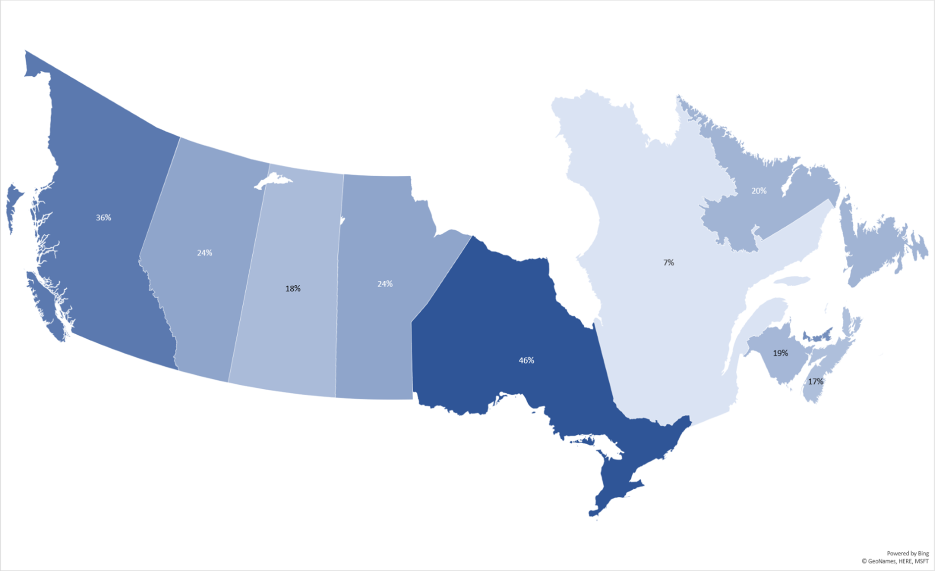 A map of Canada that depicts fee Income as a Percentage of Total College Income, by Province