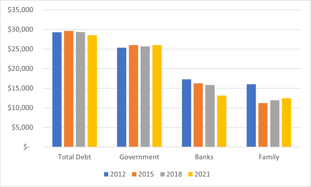 Bar charts showing the dollar amount of overall debt, including slight increases in government debt and a decline in family and banking debt. 